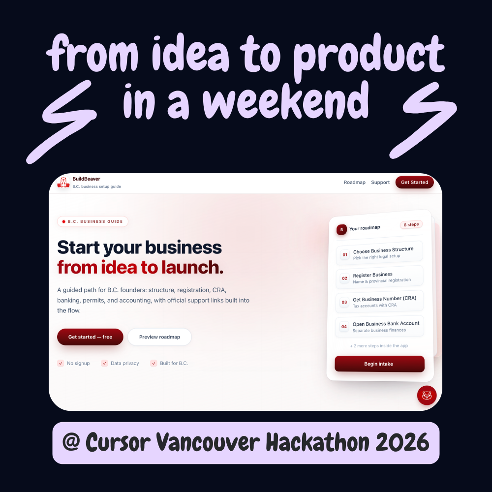 BuildBeaver landing page with guided steps to start a business in British Columbia.